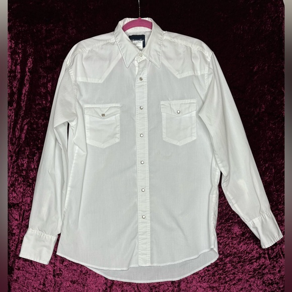 Vintage Wrangler Pearl Snap White Western Long Sleeve Bottom Down Shirt Sz M - Picture 1 of 6